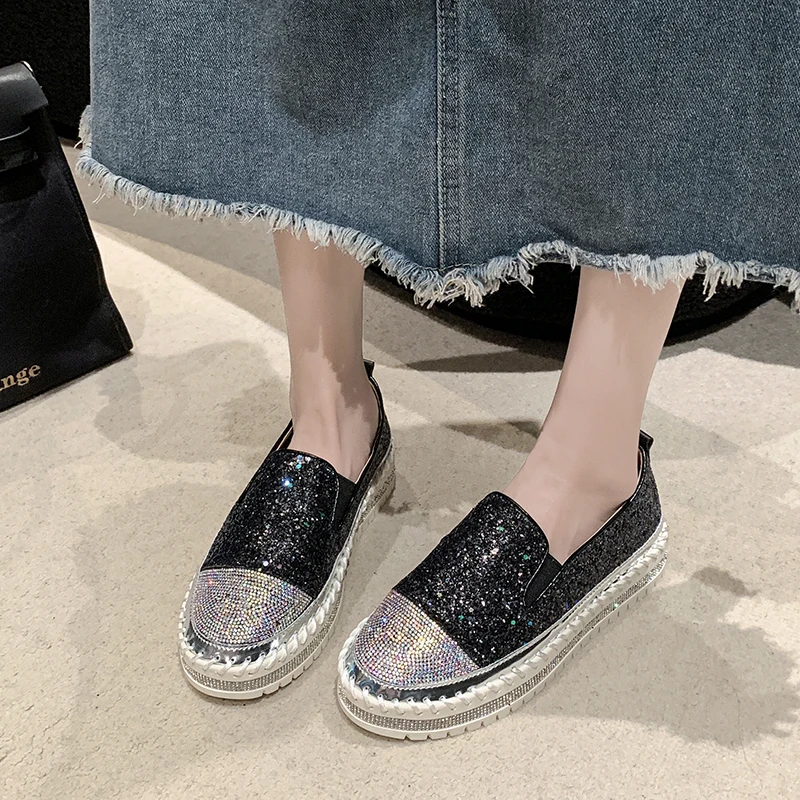 Aphixta 3cm Platform Crystals Round Toe Leather Flats Shoes Women Silver Bling Loafers Shoes Woman Flat With Students Size 43