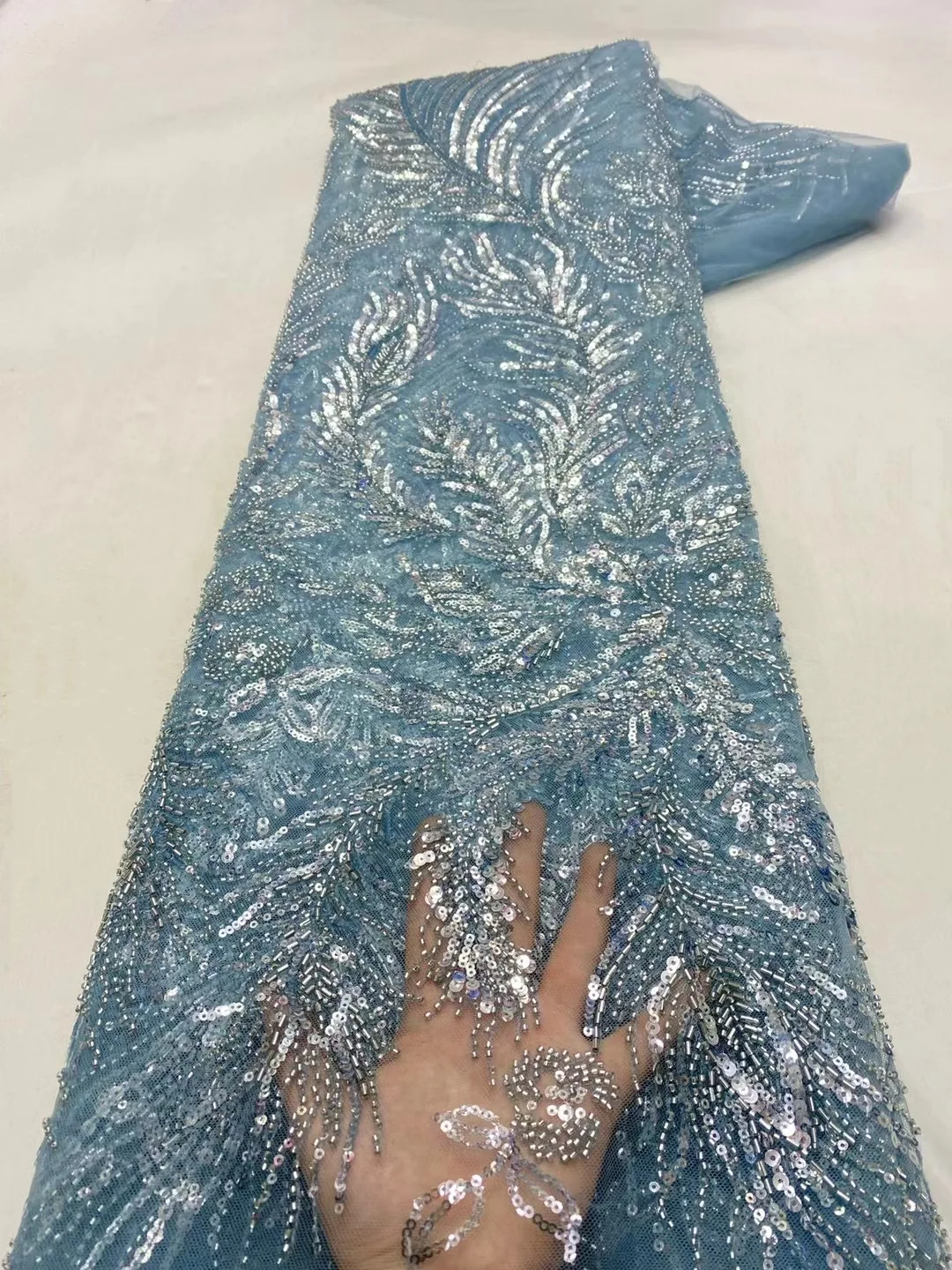 

Sky Blue Luxury Handmade Sequins Lace Mesh Swiss 2022 High Quality Tulle Sequin Fabric Nigeria For Bride Wedding Dress Sewing