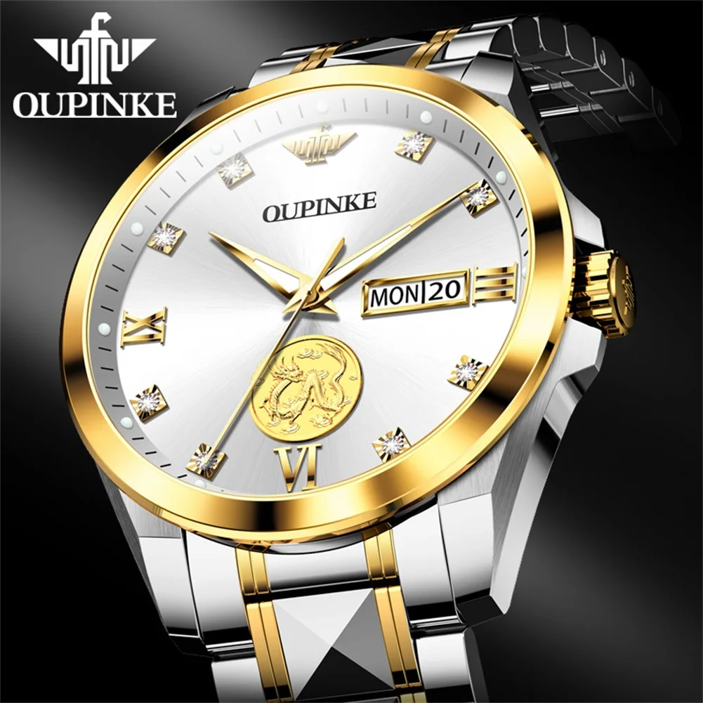 OUPINKE 3259 Men Automatic Watch Real Gold Dual Calendar Mechanical Watch For Men Luxury Waterproof Top Brand Dress Wristwatch