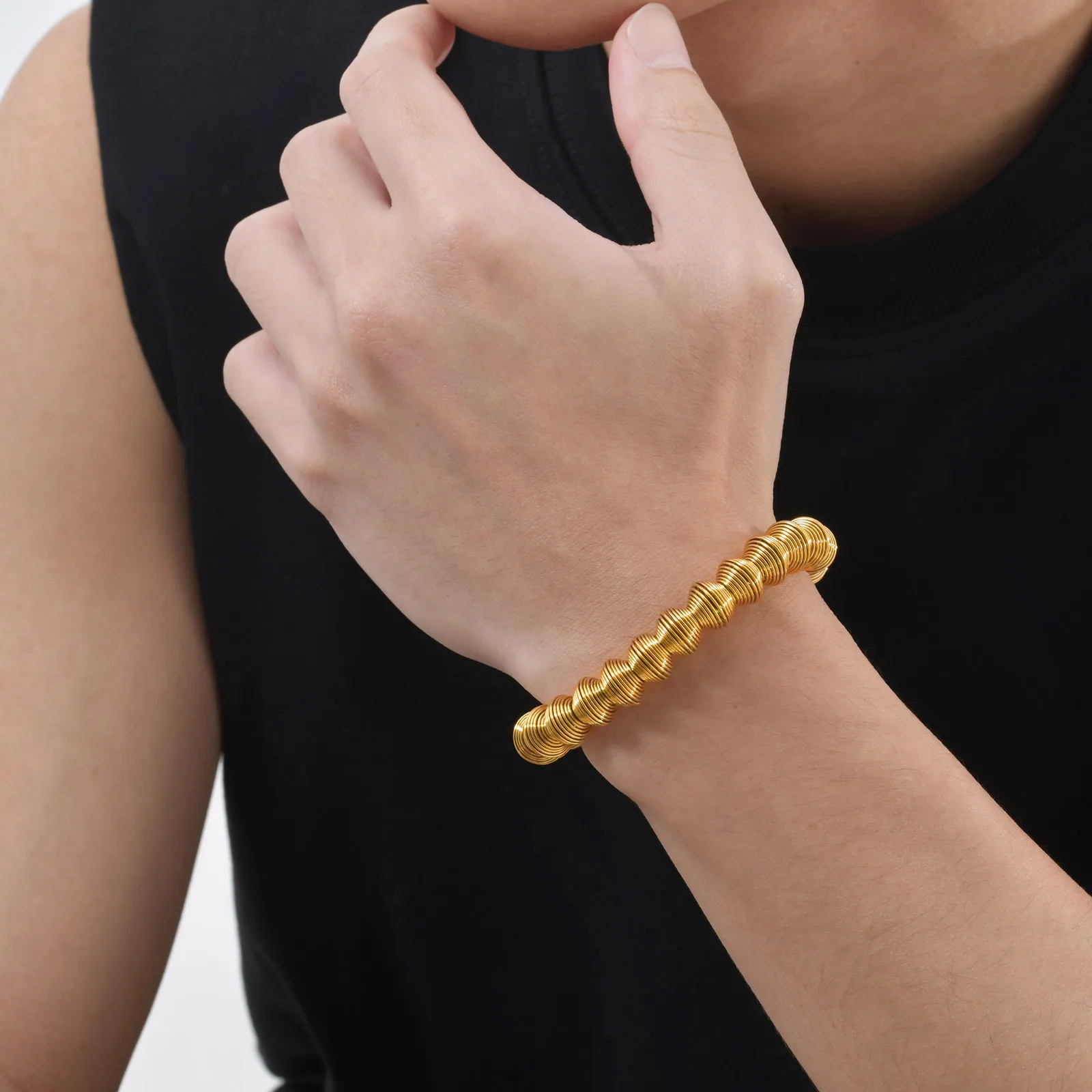 Gold Color Spring Bracelets for Men Women,Stainless Steel Elastic Wristband Arm Bracelet,Trendy Jewelry Gifts