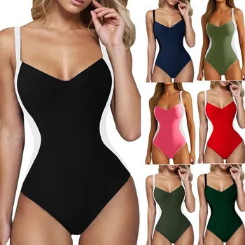 Slimming and Push - Up One - Piece Swimsuits for Women: Solid Color with Stylish Splicing