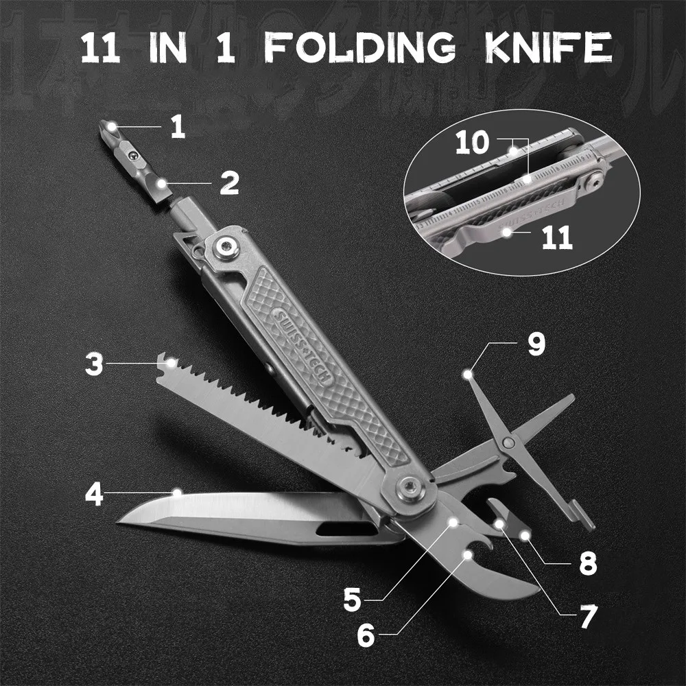 SWISS TECH 11 in 1 Folding Knife Multi Knife Outdoor Pocket Mini