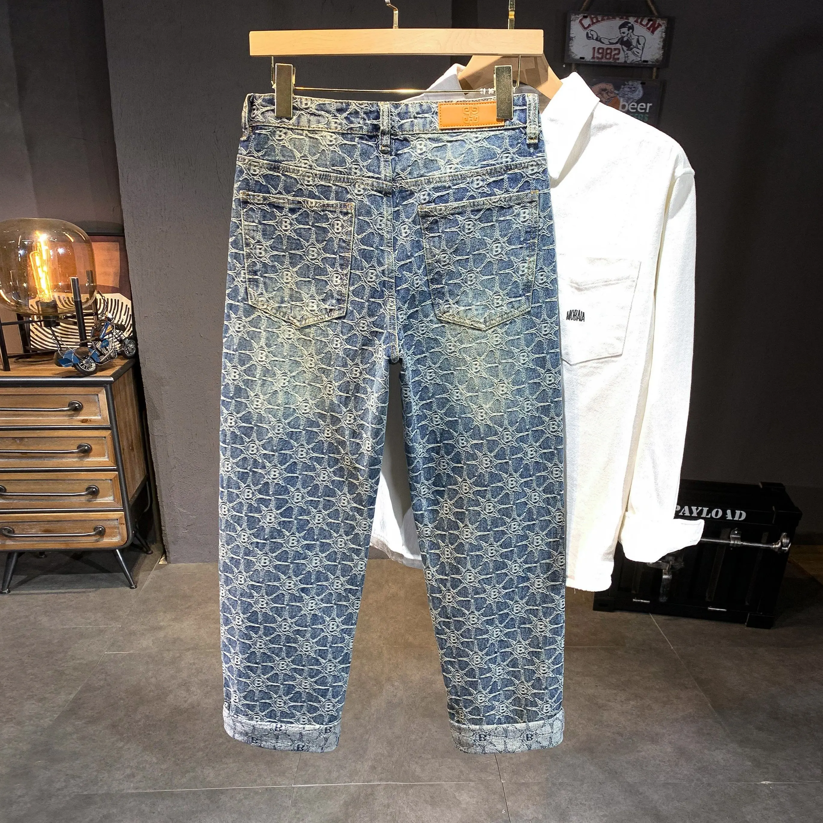 High Street Vintage Blue Jeands For Men Straight Leg Mid Rise Washed Pants Male's Fall Clothing 4