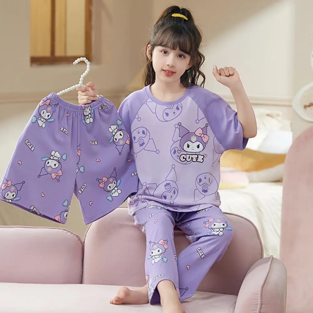 

Anime Sanrio Kuromi My Melody Pajamas Short Sleeves Shorts Trousers 3Pcs Pure Cotton Home Nightwear Sleepwear Kids Homewear