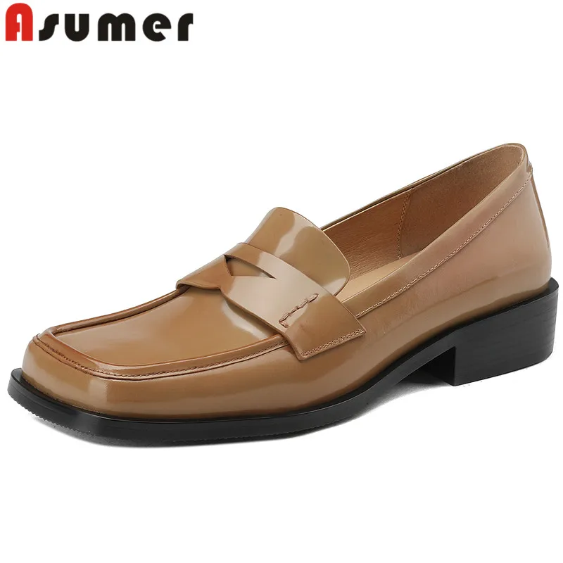

ASUMER 2024 New Size 34-43 Genuine Leather Loafers Shoes Woman Vintage Square Med Heels Pumps Slip On Ladies Dress Shoes