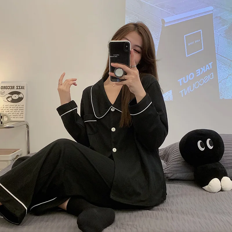 Pajama Women's Lapel Jacquard Long Sleeved Pants Loose Cardigan Home Suit Can Be Worn Externally