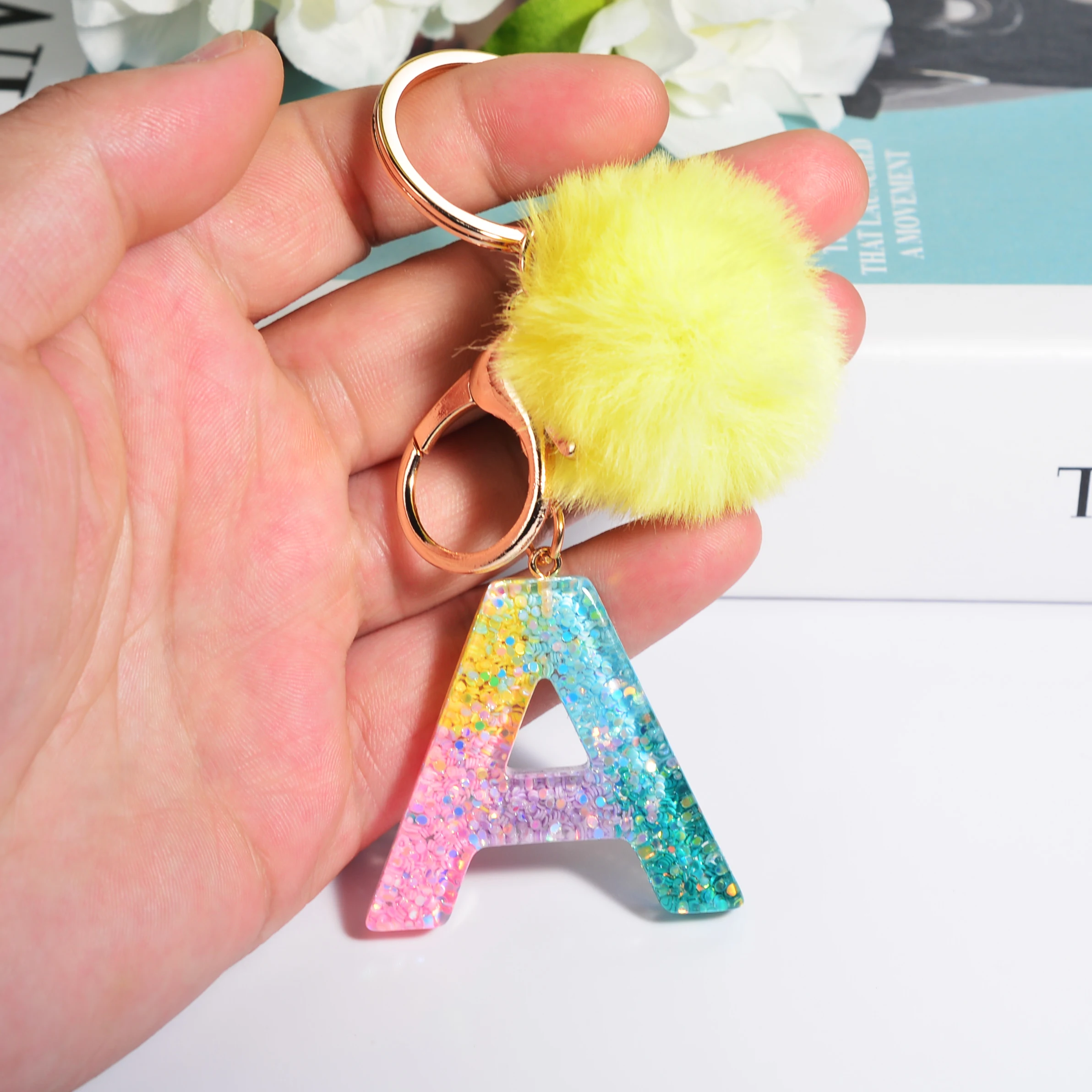 Multicolor Gradient Filling 26 Letter Resin Keychain With Yellow Ball And  Tassel For Women Initial KeyRing