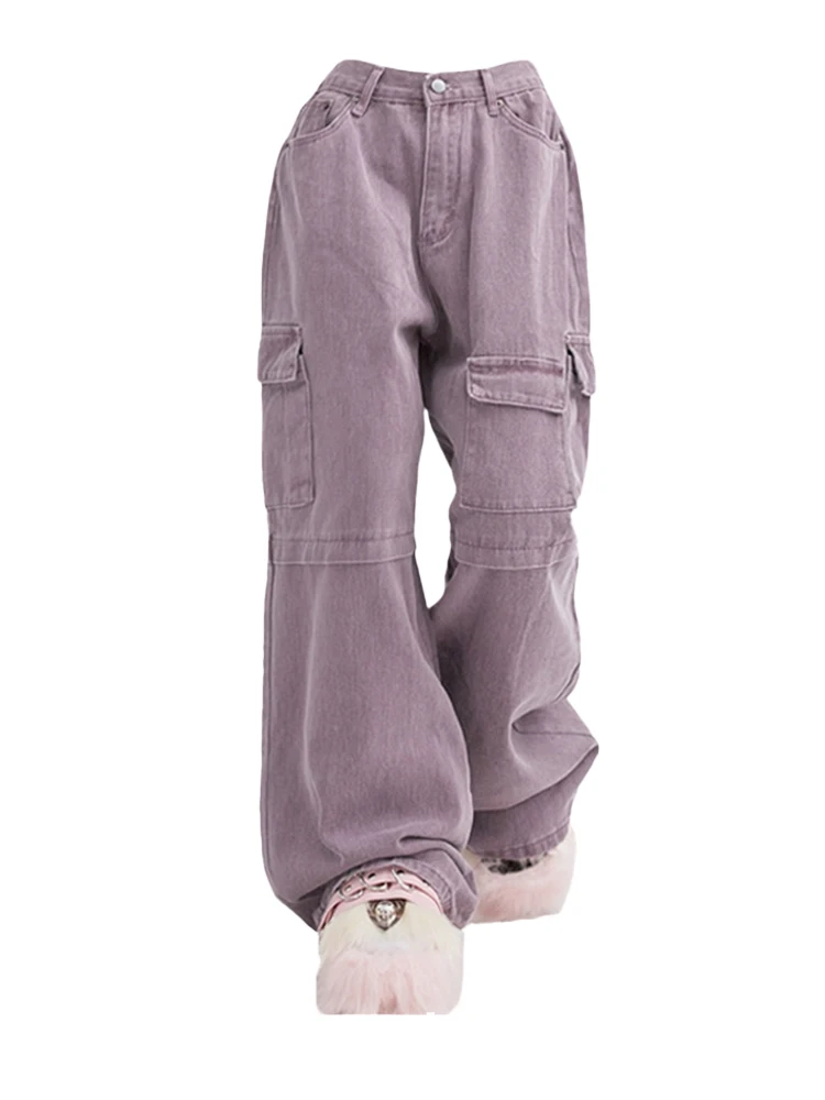 

2023 Women Purple Cargo Pants Y2k Baggy Streetwear Fashion High Waist Straight Jeans Harajuku Casual Denim Wide Leg Pants Summer