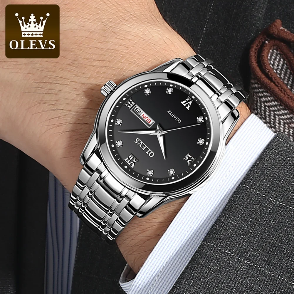 OLEVS Men Watch Waterproof Stainless Steel With Date Week Quartz Watches Men's Luxury Business Dress Clock Relogio Masculino