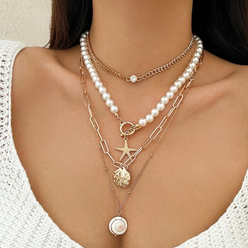 European And American Ornament Ocean Style Shell Conch Tassel Multi-Layer Twin Soft Pottery Starfish Necklace