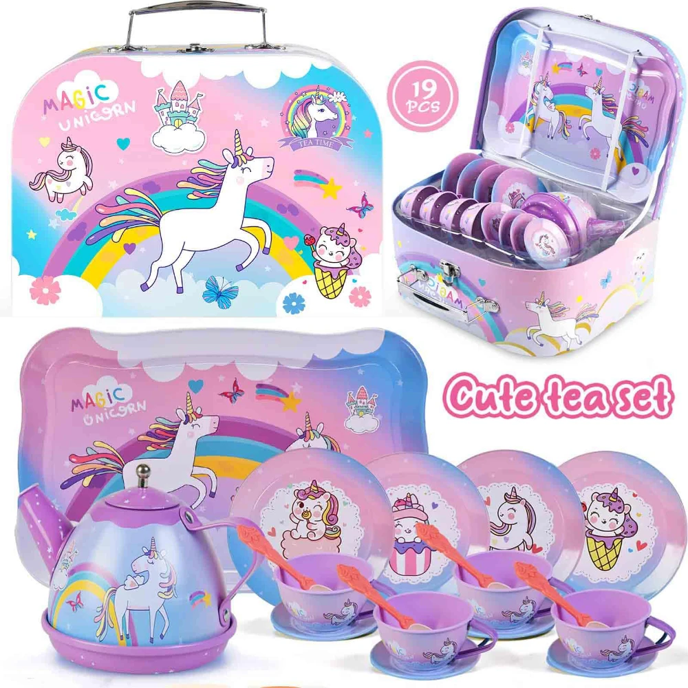 WizKidz Unicorn Tea Party Set for Little Girls Pretend Purple Tin Teapot Cups Plates Carrying Case Birthday Gift for Kids Age 3+ 2