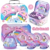 WizKidz Unicorn Tea Party Set for Little Girls Pretend Purple Tin Teapot Cups Plates Carrying Case Birthday Gift for Kids Age 3+ 2