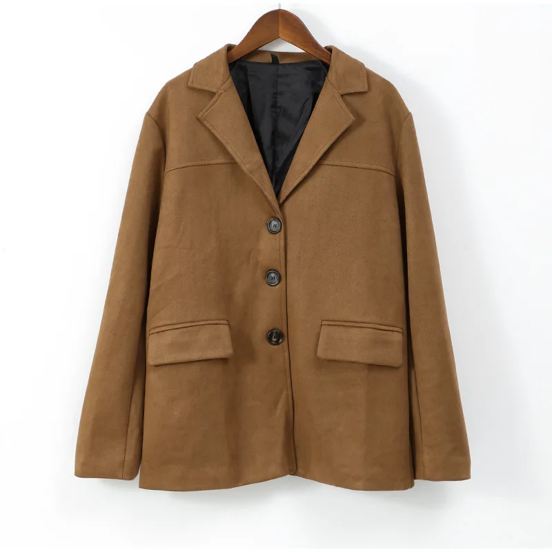 Vintage Fashion Pocket Jackets For Women Winter High Street Lapel Elegant Solid Commute Winter Outwear Ladies Coat