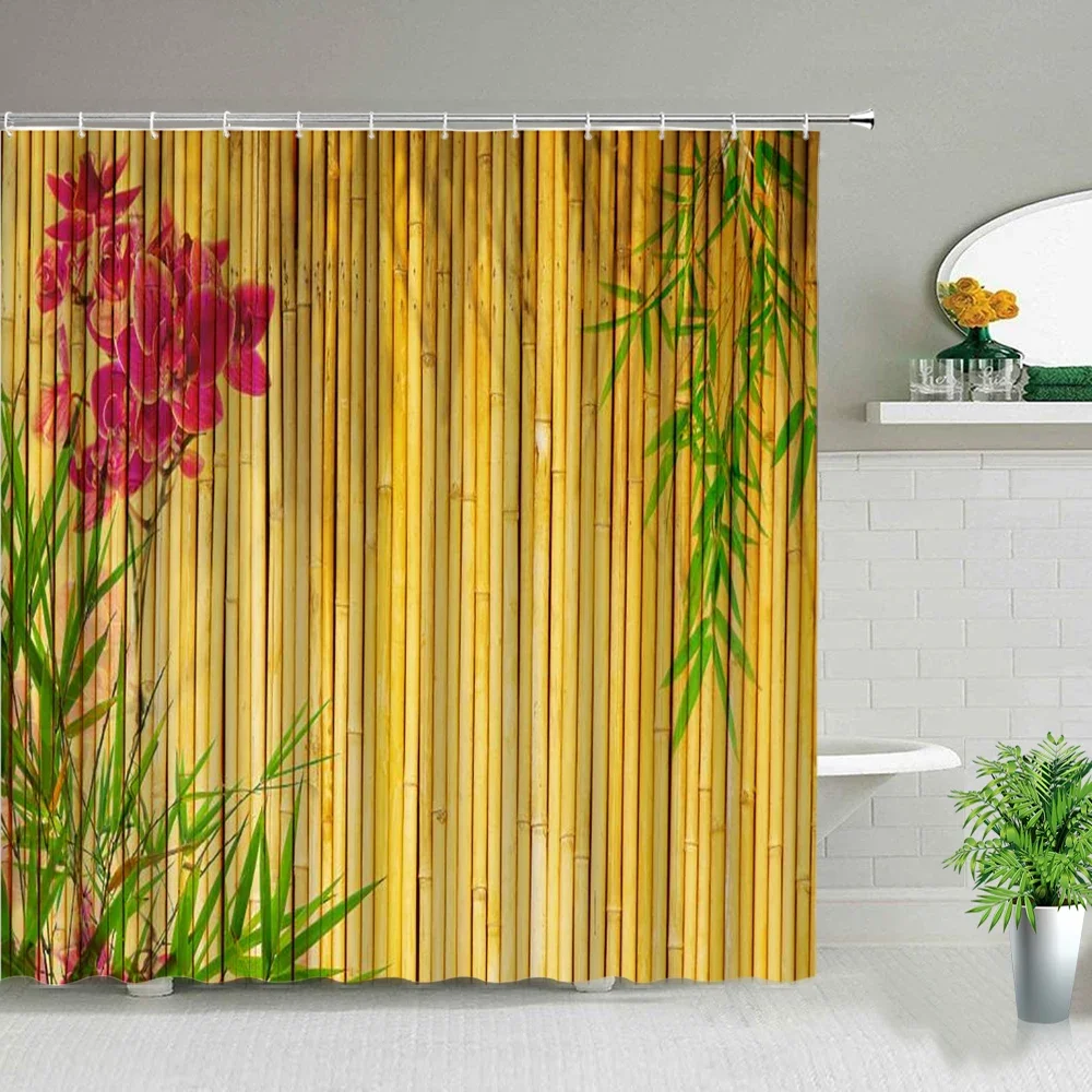 Chinese Style Green Bamboo Series Shower Curtain Set Waterproof Home Bathroom Decor Curtains With Hook Popular Bath Accessories 6
