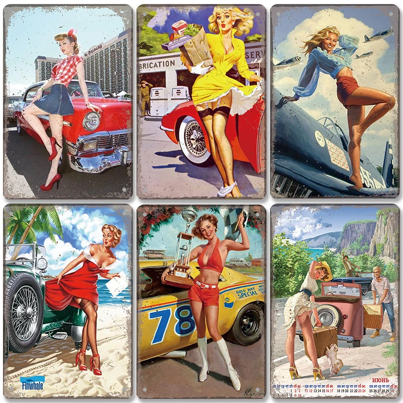 Vintage Car Poster Metal Tin Signs Sexy Girls Classic Car Retro Metal Plate  Wall Decor Garage Club Pub Man Cave