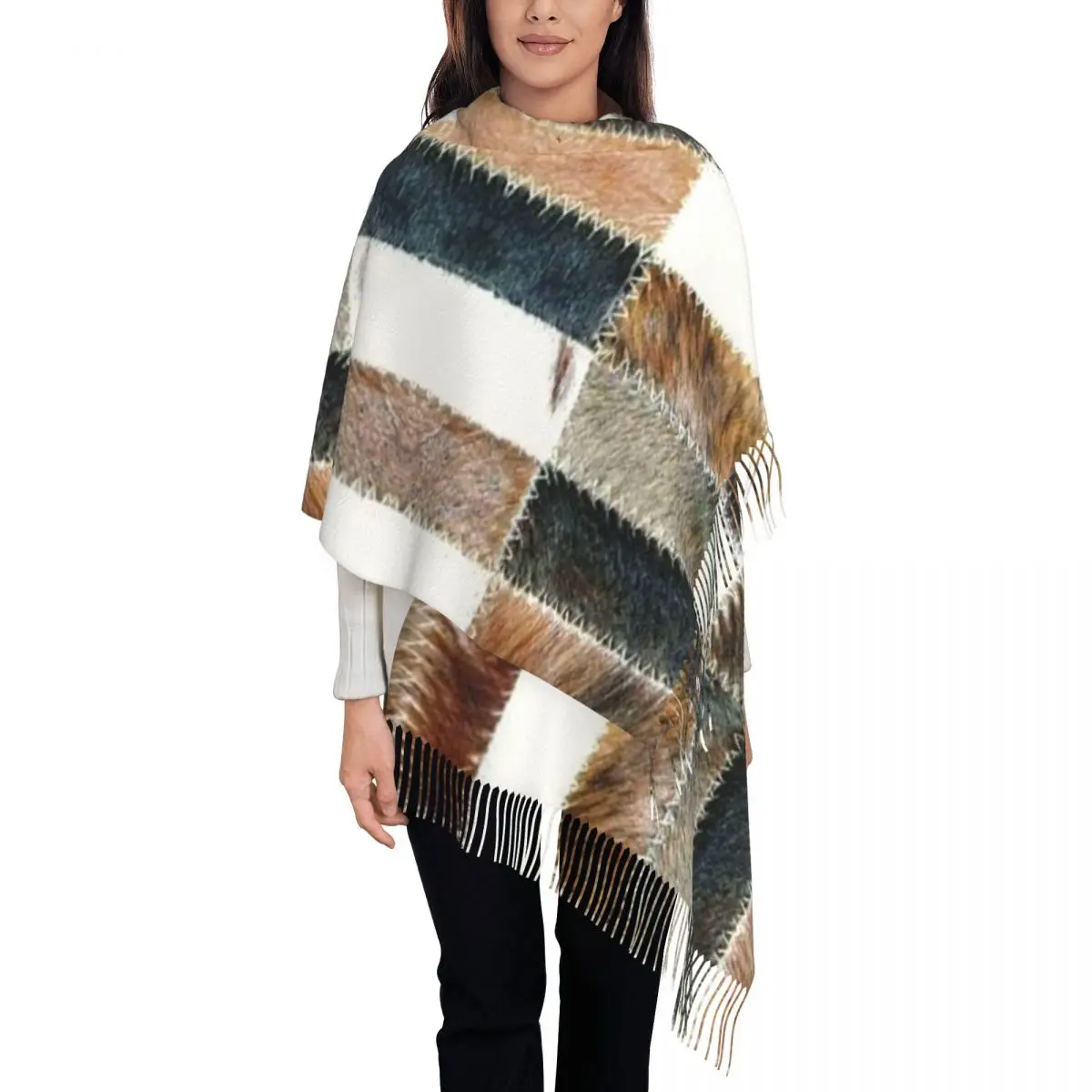 

Fashion Cowhide Patchwork Texture Tassel Scarf Women Winter Fall Warm Shawl Wrap Lady Animal Fur Leather Scarves