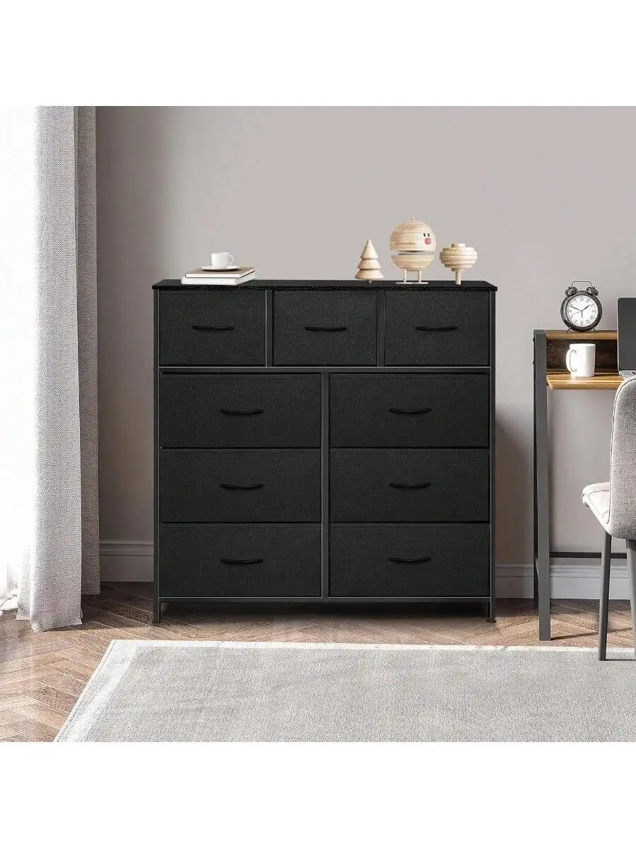 Dresser for Bedroom with 9 Drawers Chest of Drawers Storage Drawers Organizer Unit Black Wide Fabric Dresser with Fabric 4
