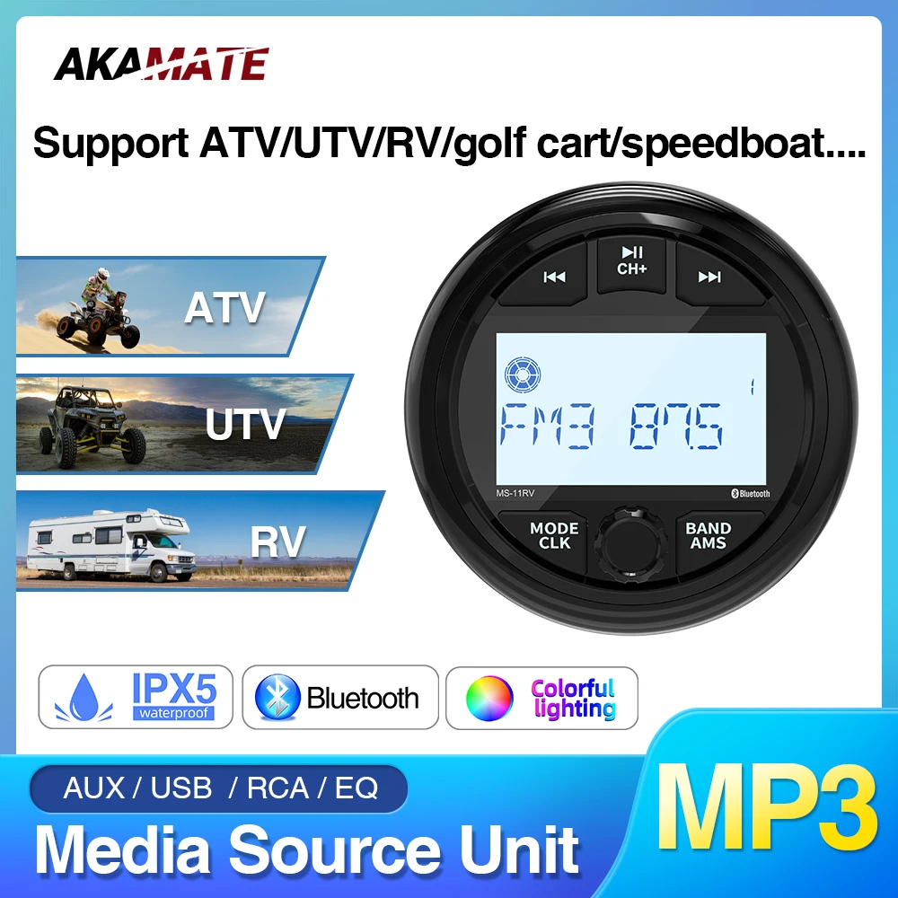 Boat radio player AKAMATE boat radio media player marine MP3 stereo radio waterproof FM AM receiver ATV UTV SPA RZR RV Bluetooth AUX USB