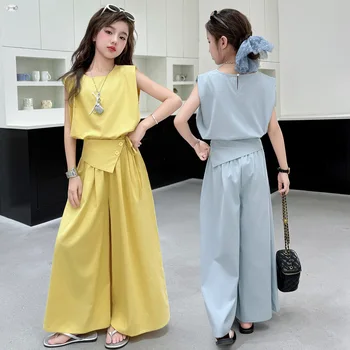 Abbigliamento per bambini Gilet estivo per ragazze + Pantaloni slim a vita alta Set Abiti per bambini per ragazze Moda Adolescente Abiti in puro colore 2 pezzi