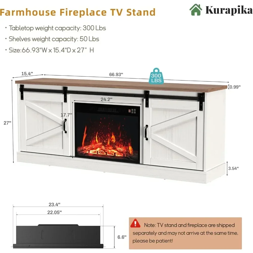 Fireplace TV Stand for up to 75" TV, Farmhouse Entertainment Center with 24" Fireplace, 67" Media Console Cabinets 2