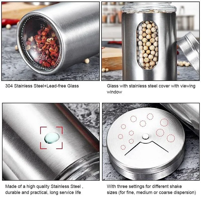 Stainless Steel Seasoning Jars Glass Spreading Bottle Barbecue  Pot Pepper Toothpick Holder Salt Shaker Rotating