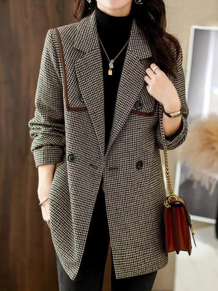 

Women Fashion Houndstooth Woolen Blazer Coat Vintage Long Sleeve Plaid Outerwear Chic Overcoat Autumn Female Solid Jackets