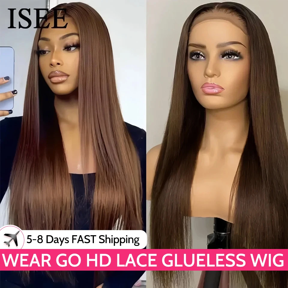 Wear Go Colored Lace Front Wig ISEE Hair #4 Chocolate Brown 4X4 Glueless Transaprent Straight Lace Closure Human Hair Wigs