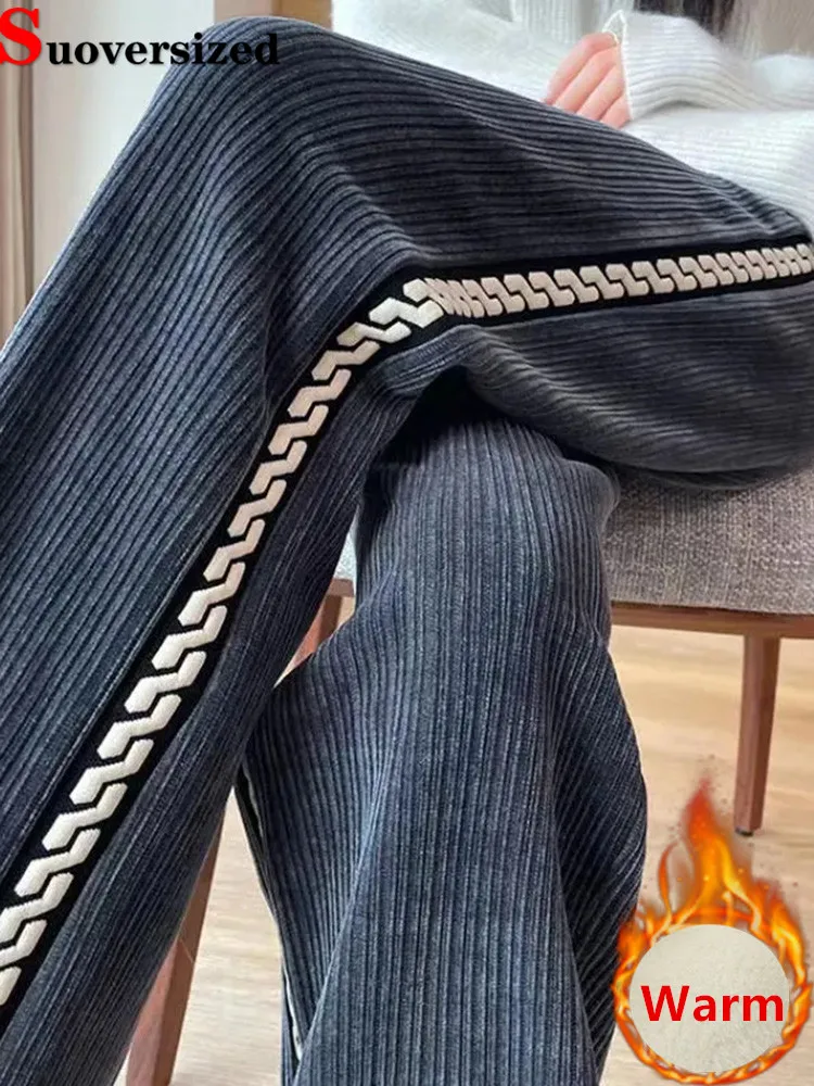 

Lace Up Baggy Velvet Lined Wide Leg Pants Oversize Plush Casual Women Thick Pantalones Warm Elastic High Waist New Trousers