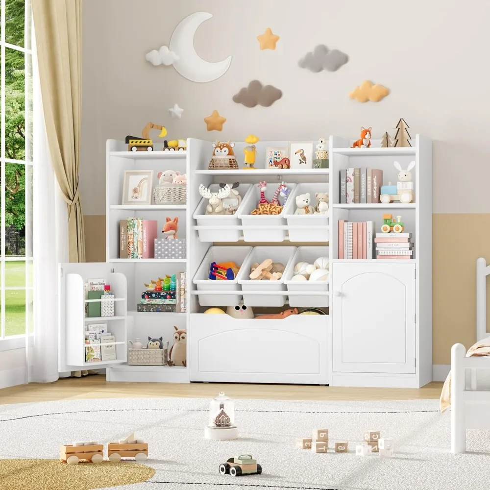 Toy Storage Organizer,5-in-1 Kids Bookshelf with Movable Drawer and Book Shelves Behind The Doors,Toy Organizer Playroom Storage 5