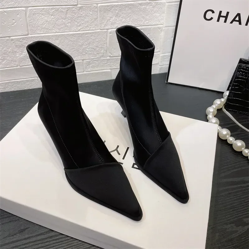 Ladies Shoes Elegant High Thin Heel New Satin Pointed Toe Short Boots Women Stretchce Temperament Ankle Boots Short Elegance
