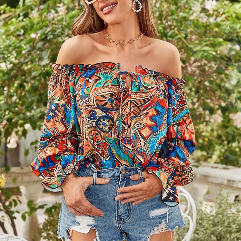 Women Top Off Shoulder Shirring Backless Long Sleeve Colorful Print Lace Up Loose Lantern Sleeve Soft Vacation Blouse Lady Top