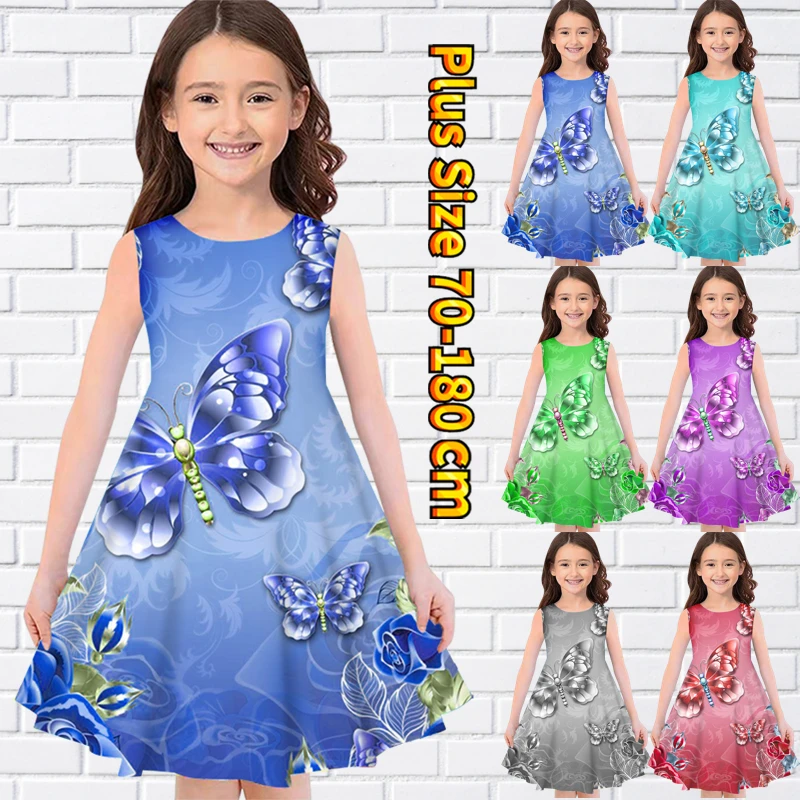 

2022 Butterfly Print Dress Summer Round Collar Sleeveless Princess Dress Fashion Cute Party Dress Little Girl Sleeveless Dress