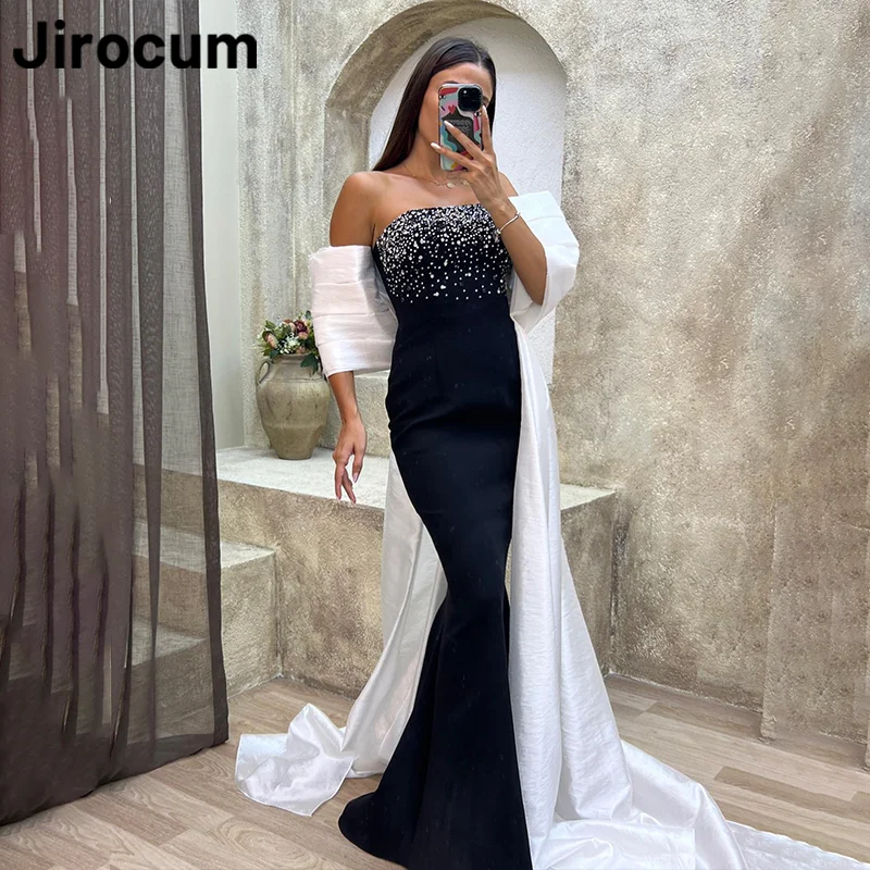 

Jirocum Mermaid Satin Prom Gowns Women's Strapless Beaded Party Evening Gown Floor Length Pleated Black Formal Occasion Dresses