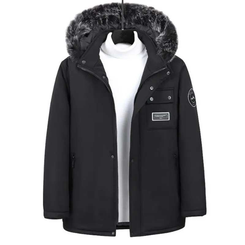 

Зимняя мужская куртка, теплая флисовая деловая Повседневная куртка с воротником-стойкой, Паркер, плотное пальто с капюшоном, теплый меховой воротник