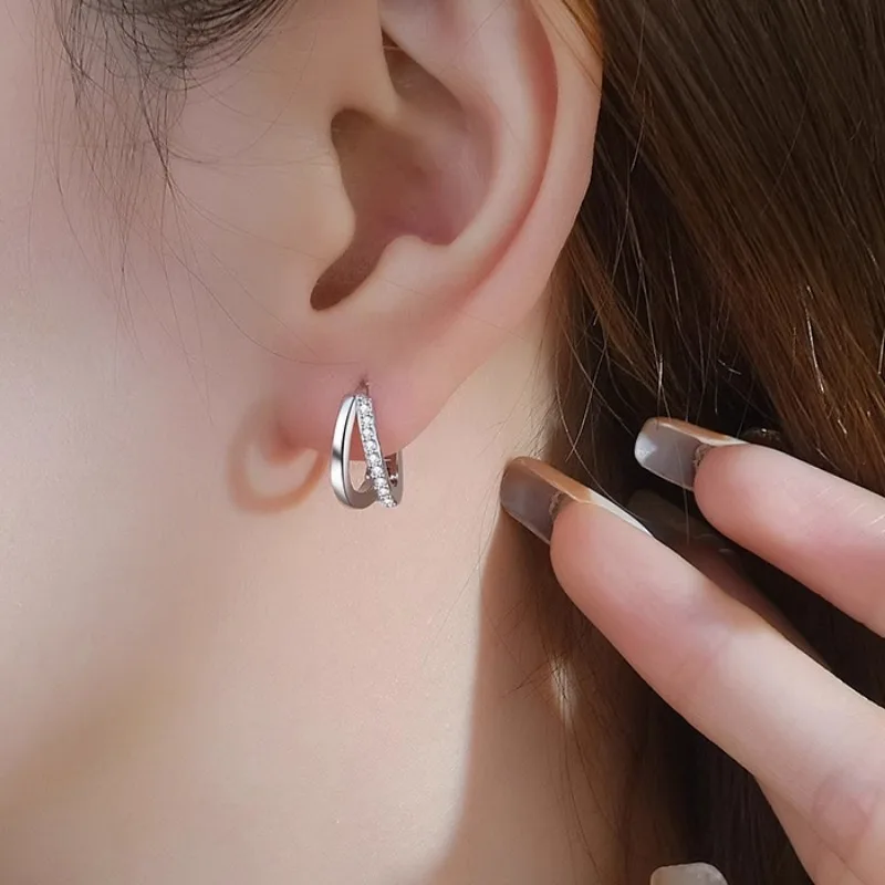 Stainless Steel Gold Color Circle Hoop Earrings for Women Simple Cubic Zircon Double Ring Earring Cartilage Piercing Jewelry