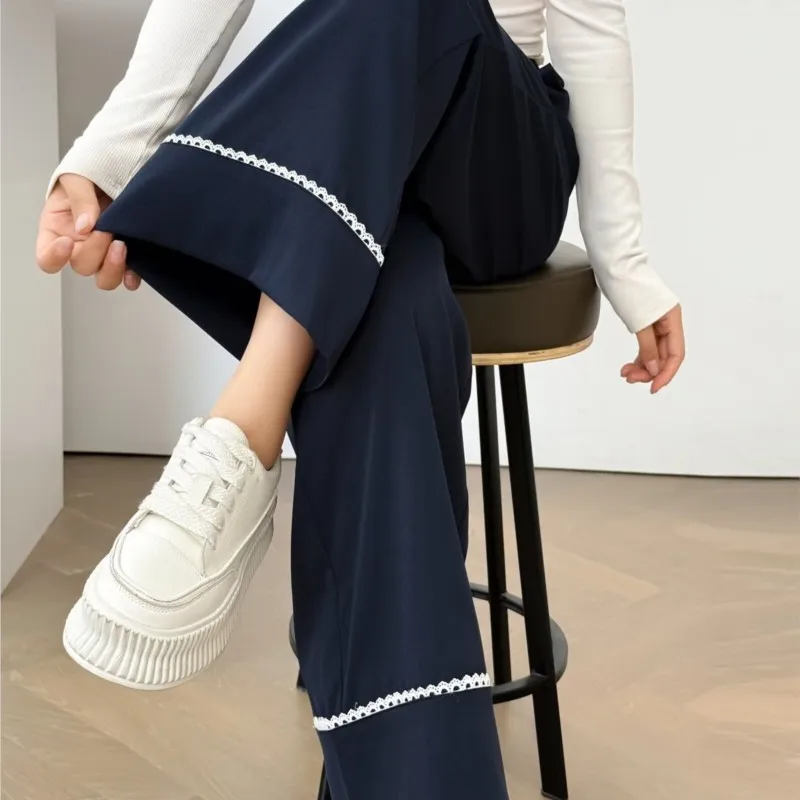 Fashion Plus Size Women's Straight Leg Pants 2025 Autumn New Style Simple Lace Patchwork Casual Ankle Length Trousers 6019