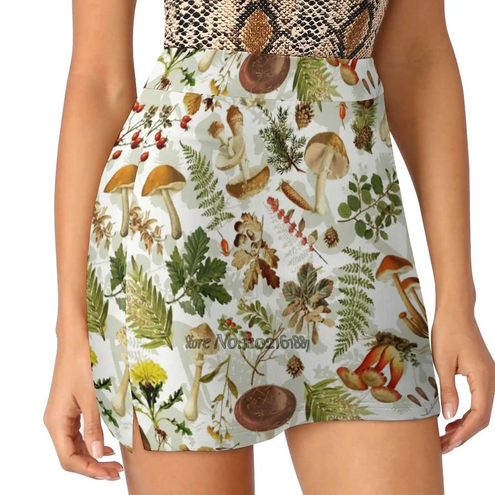 

Vintage Toxic Mushrooms Forest Pattern On White Women Mini Skirt Two Layers With Pocket Skirts Sport Fitness Running Skorts