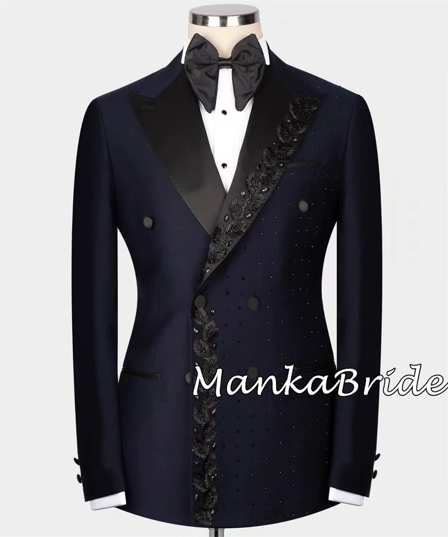 Luxury Black Collar Navy Blue Groom Tuxedo with Crystal Double Breasted Blazer Pants Formal Business Office Party Men's Suits