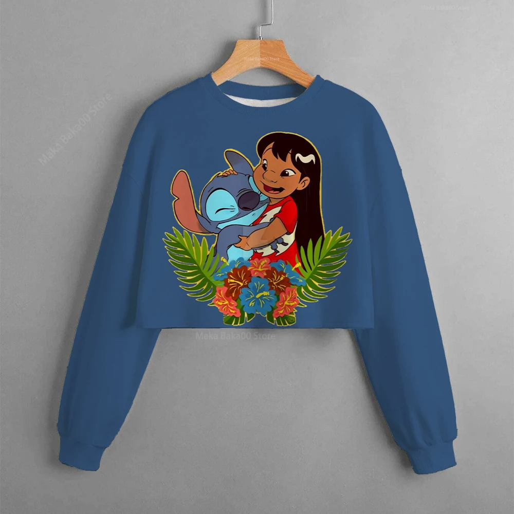 2022 New Kids Clothing Disney Stitch Print Cropped Hoodie 14 Year Old Girls  Sweatshirts Casual Cartoon Tops