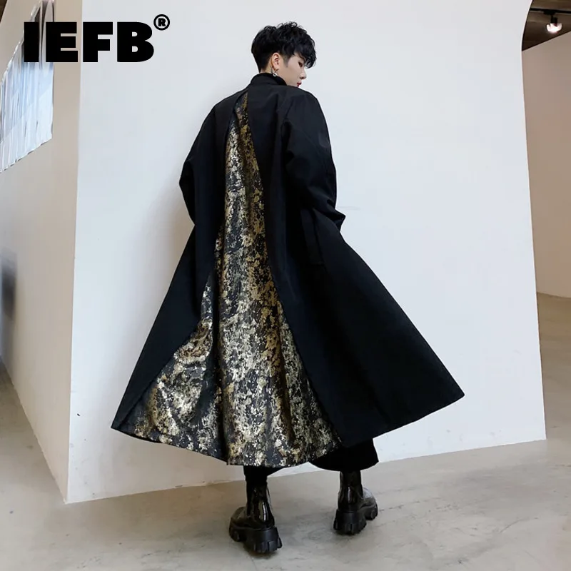 

IEFB New Men's Wear Collarless Trench Trendy Back Printing Spliced Windbreaker 2023 Autumn Winter Male Coat Niche Design 9C1240