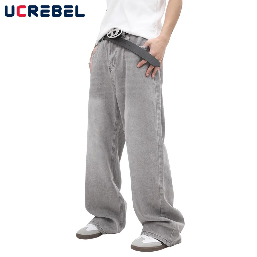 Retro Washed Distressed Straight-leg Jeans Mens Streetwear Loose Casual Wide Leg Pants Men Trousers