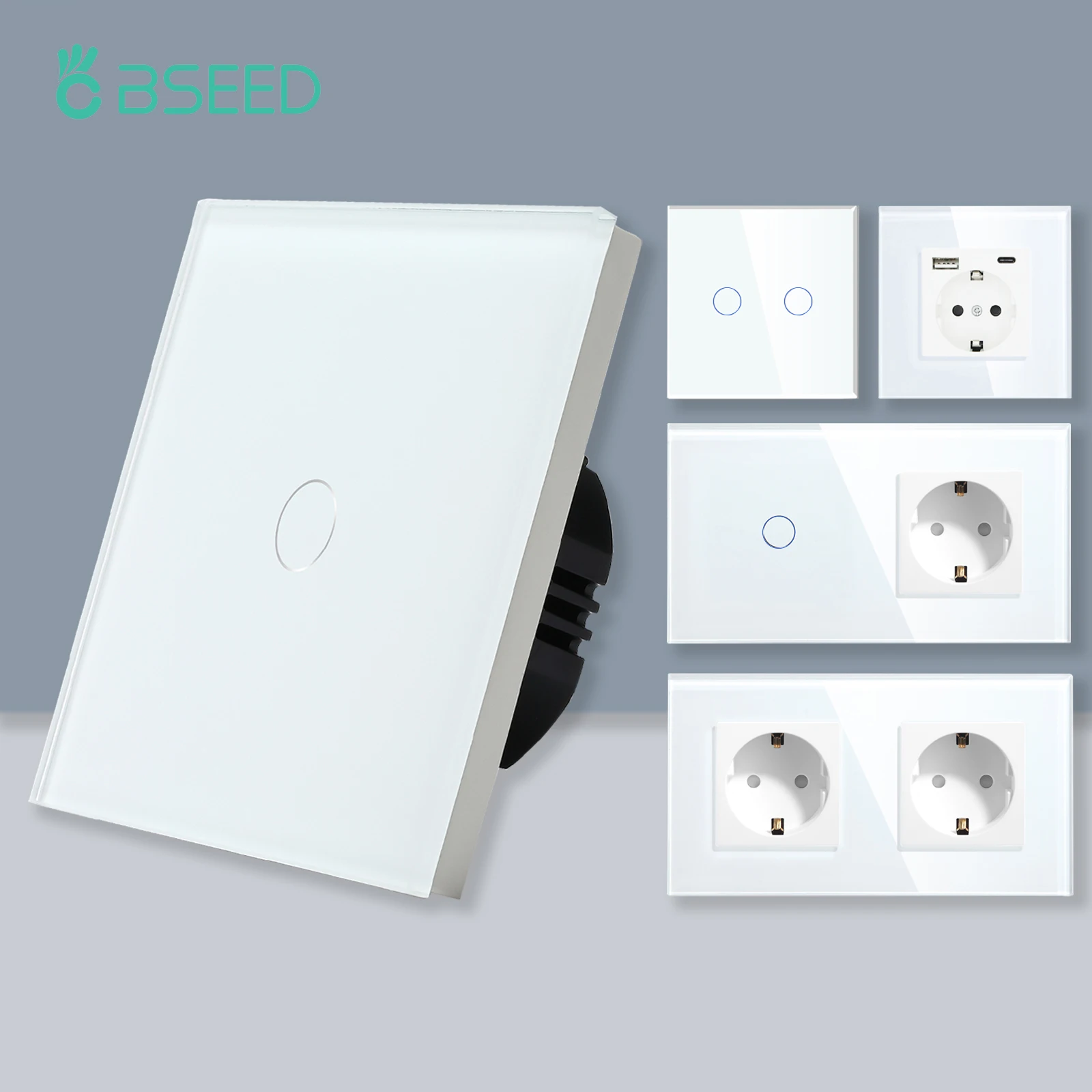 BSEED 1/2/3Gang Touch Light Switch 1Way Wall Sensor Switch Type-c USB Sockets EU Standard Glass Panel Blue Backlight 10A White