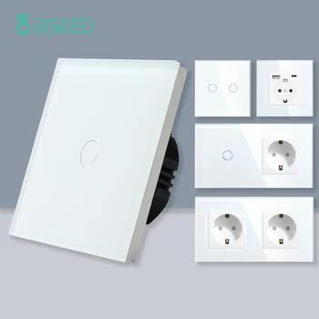 BSEED 1/2/3Gang Interruttore Della Luce Touch 1Way Interruttore del Sensore Semplice Tipo-c Prese USB Pannello di Vetro Standard UE Retroilluminazione Blu 10A Bianco 1