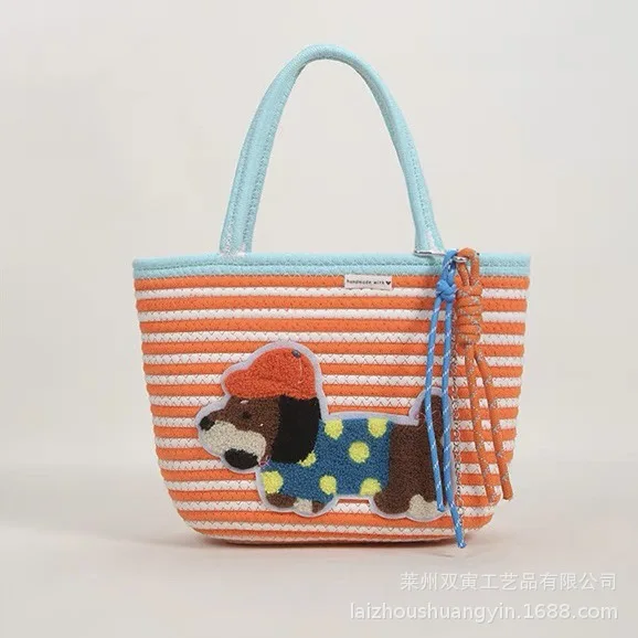 Cute Dachshund Cotton Rope Handbag - Handwoven Large Capacity Women's Market Basket Dog Pattern Tote Bag for Beach/Shopping/Gift