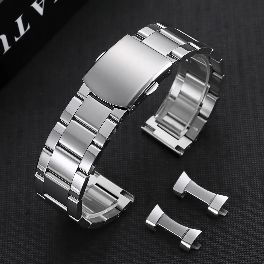 Elegant Curved End Gold Stainless Steel Watch Strap with Double Press Safety Clasp