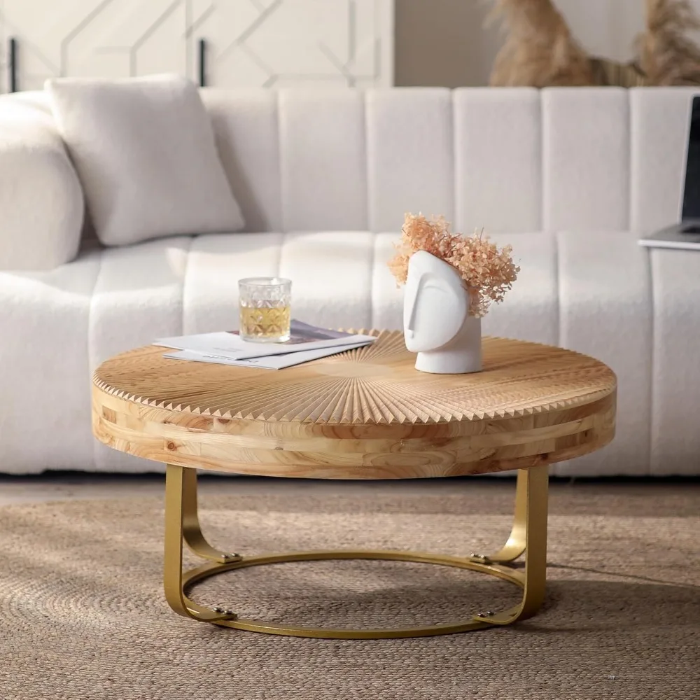 31.5 "Modern Circular Coffee Table with Handmade Wooden Radial Pattern, Cedar Tabletop, Gold Cross Legged Base 4