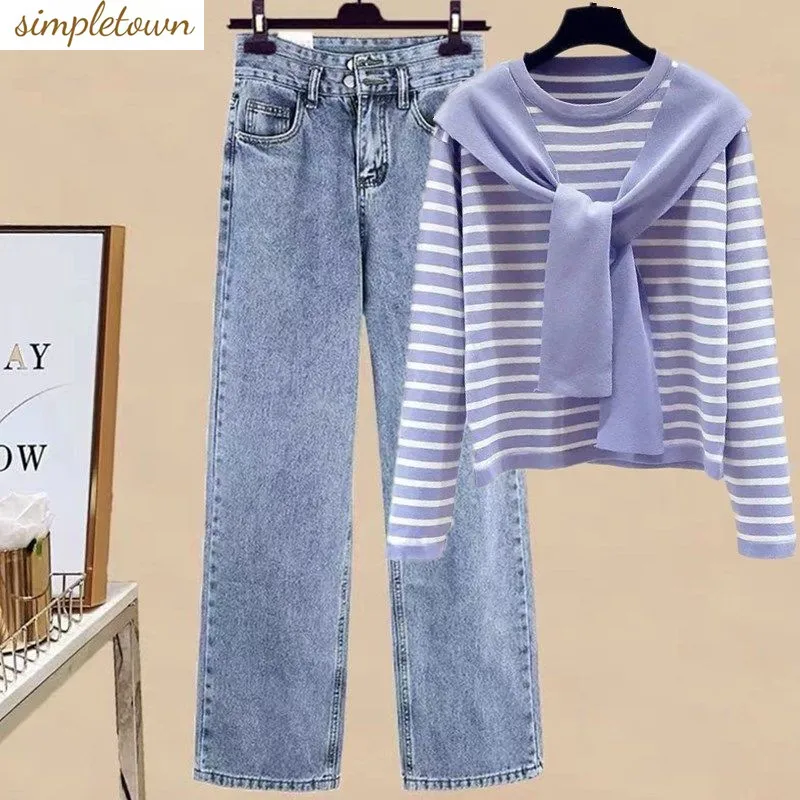 Set 2023 New Spring and Autumn Academy Style Knitwear Women+High Waist Reduced Age Jeans Women's Two Piece Set oswnkw reverse osmosis water filtration system 600gpd high flow rate no water tank reduced tds compact 1 2 drainage ratio