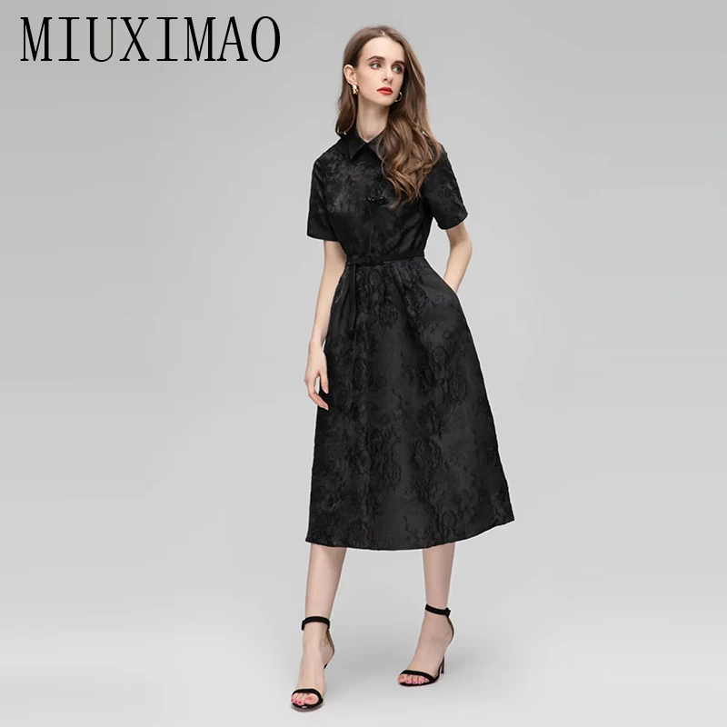 Фото MIUXIMAO 2023 весна-осень элегантное платье с коротким рукавом китайские пуговицы жаккардовое модное Черное женское платье с поясом №4