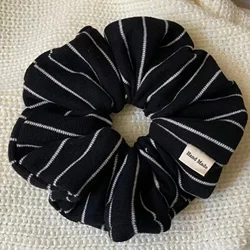 Striped Handmade Neutral Tone Hair Scrunchies - Elastic Bands (Black)