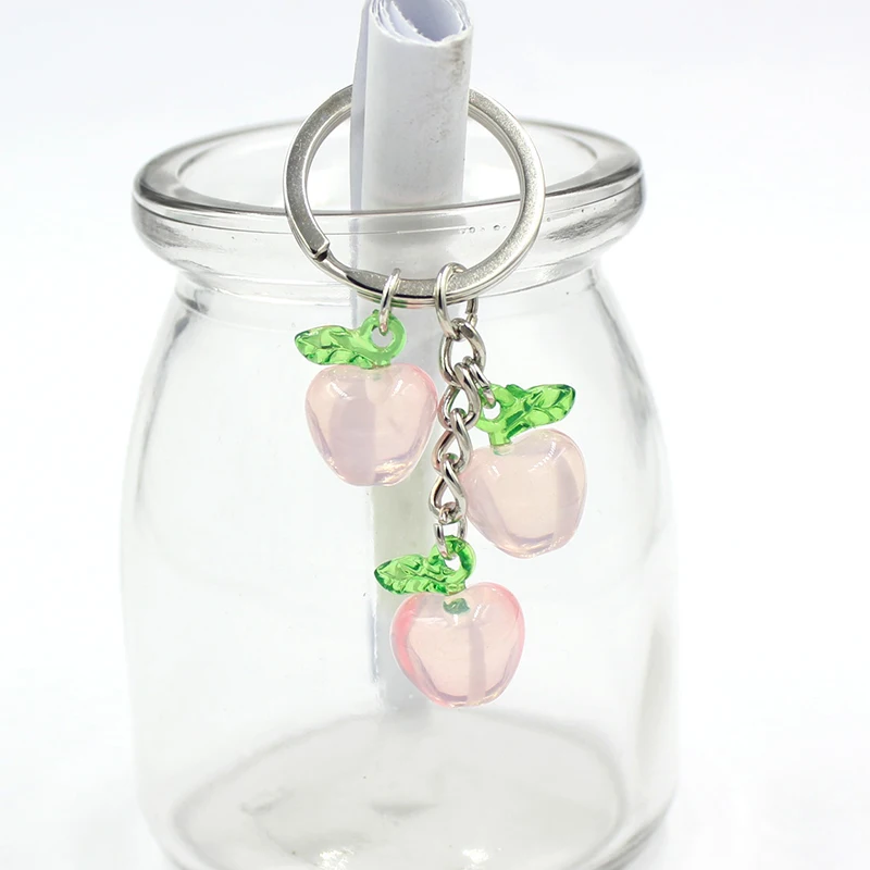 New Cute Fruit Keychain 3D Acrylic Cherry Peach Apple Strawberry Keyring Car Holder Bag Pendant Accessories Jewellery Gift Girl